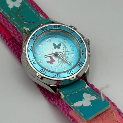 Kids Quartz Watch Blue Butterfly Design Hook & Loop Strap Working 33mm