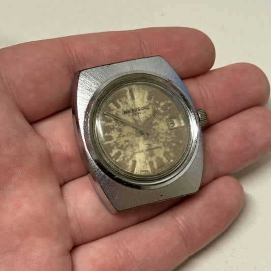 36mm Gents Ingersoll Ronda Silver Tone Date Watch FOR PARTS TO RESTORE