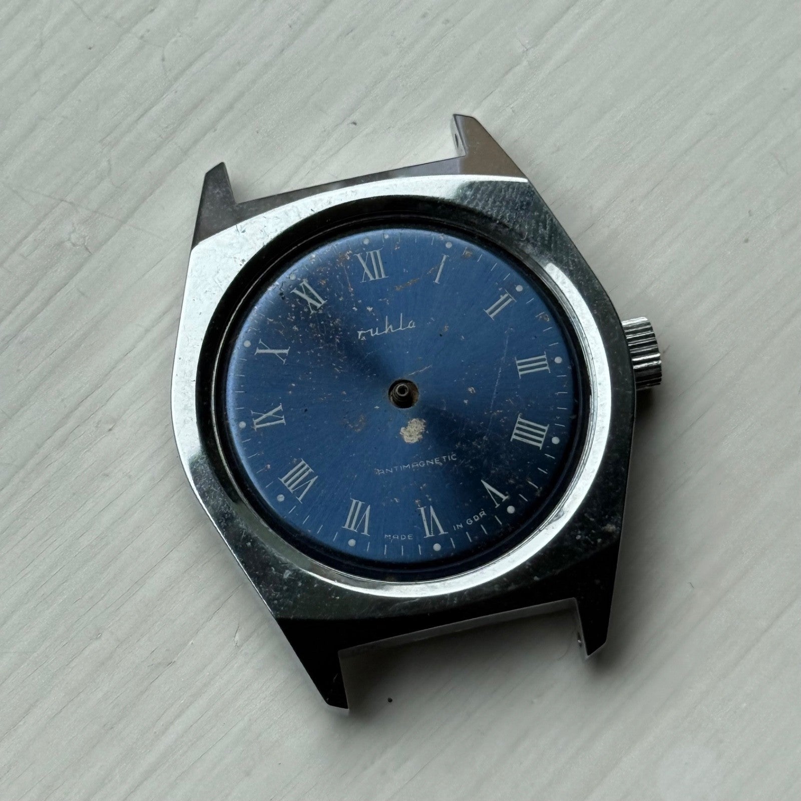 34mm Vintage Ruhla Made In GDR Blue Dial Manual Wind Watch PARTS / REPAIR