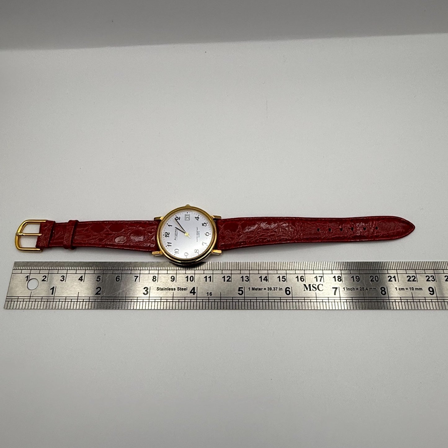 Aviatime Ladies Quartz Watch White Date Dial Red Leather Strap Working 33mm