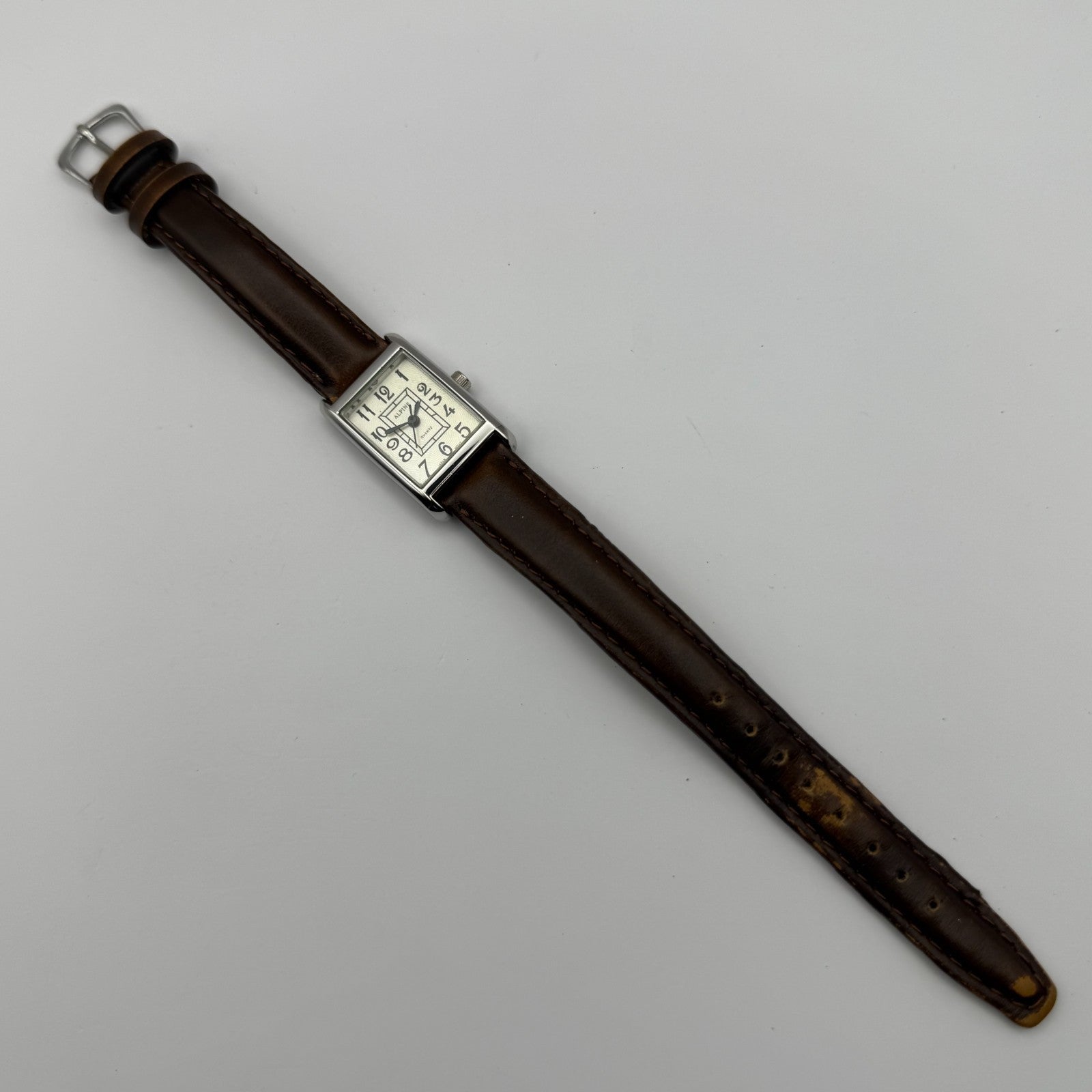 Alpine Ladies Quartz Watch Rectangle Dial Brown Leather Strap Japan Working 18mm