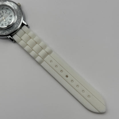 Ladies Fashion Quartz Watch Rhinestone Silver Tone White Strap Working 39mm