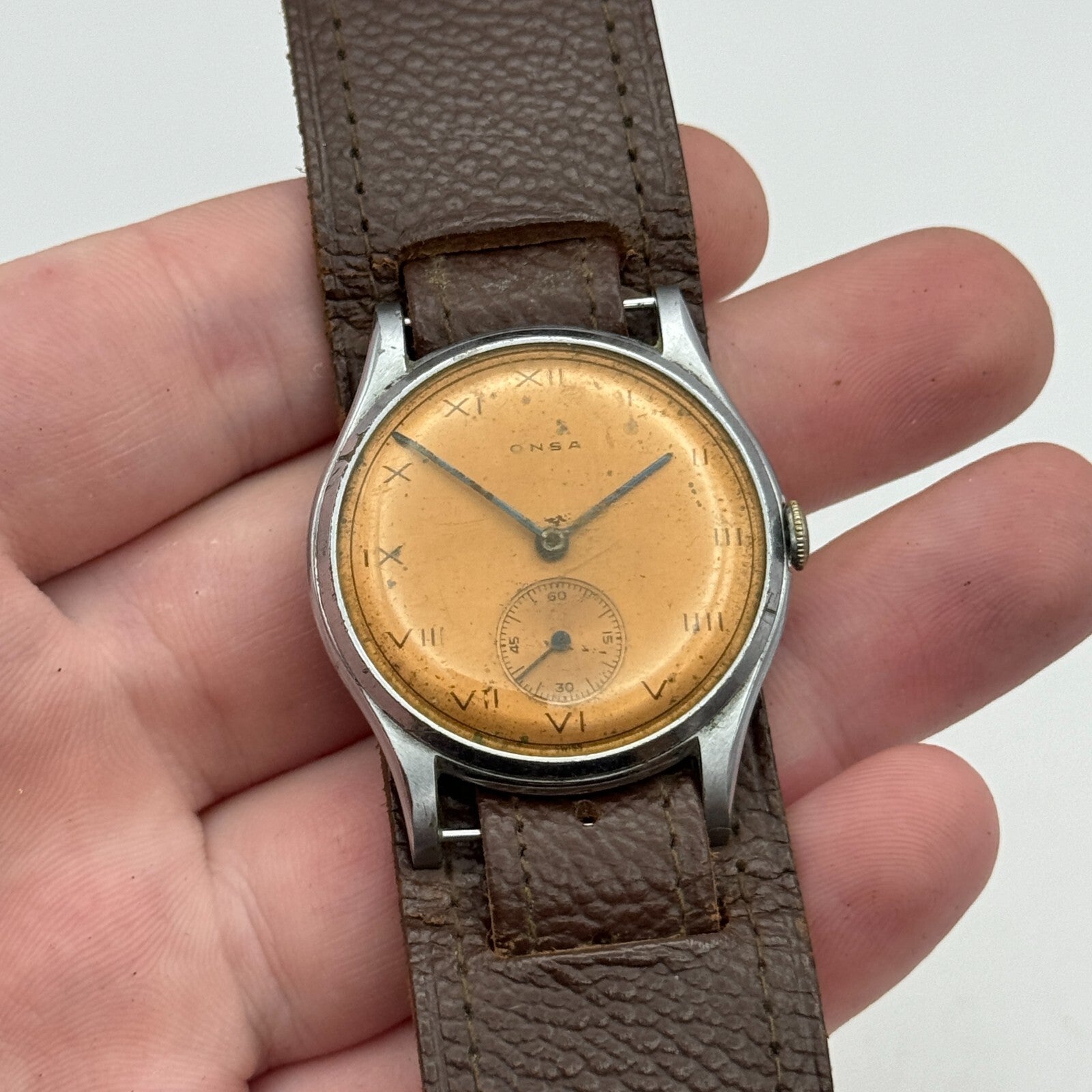 34mm Men’s Vintage Onsa Bund Strap Salmon Dial Manual Wind Watch TO RESTORE