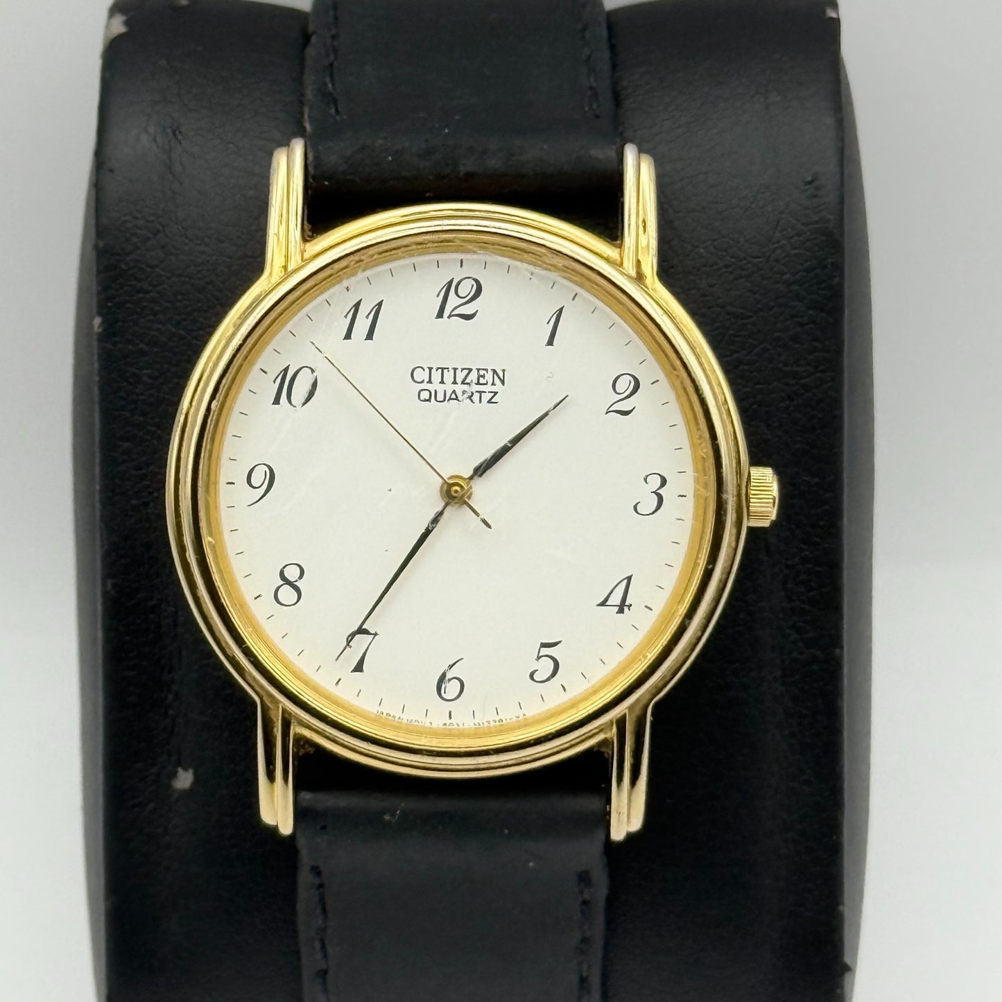 Citizen Ladies Quartz Watch Gold Tone White Dial Black Strap Japan Working 33mm