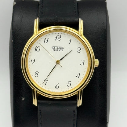 Citizen Ladies Quartz Watch Gold Tone White Dial Black Strap Japan Working 33mm