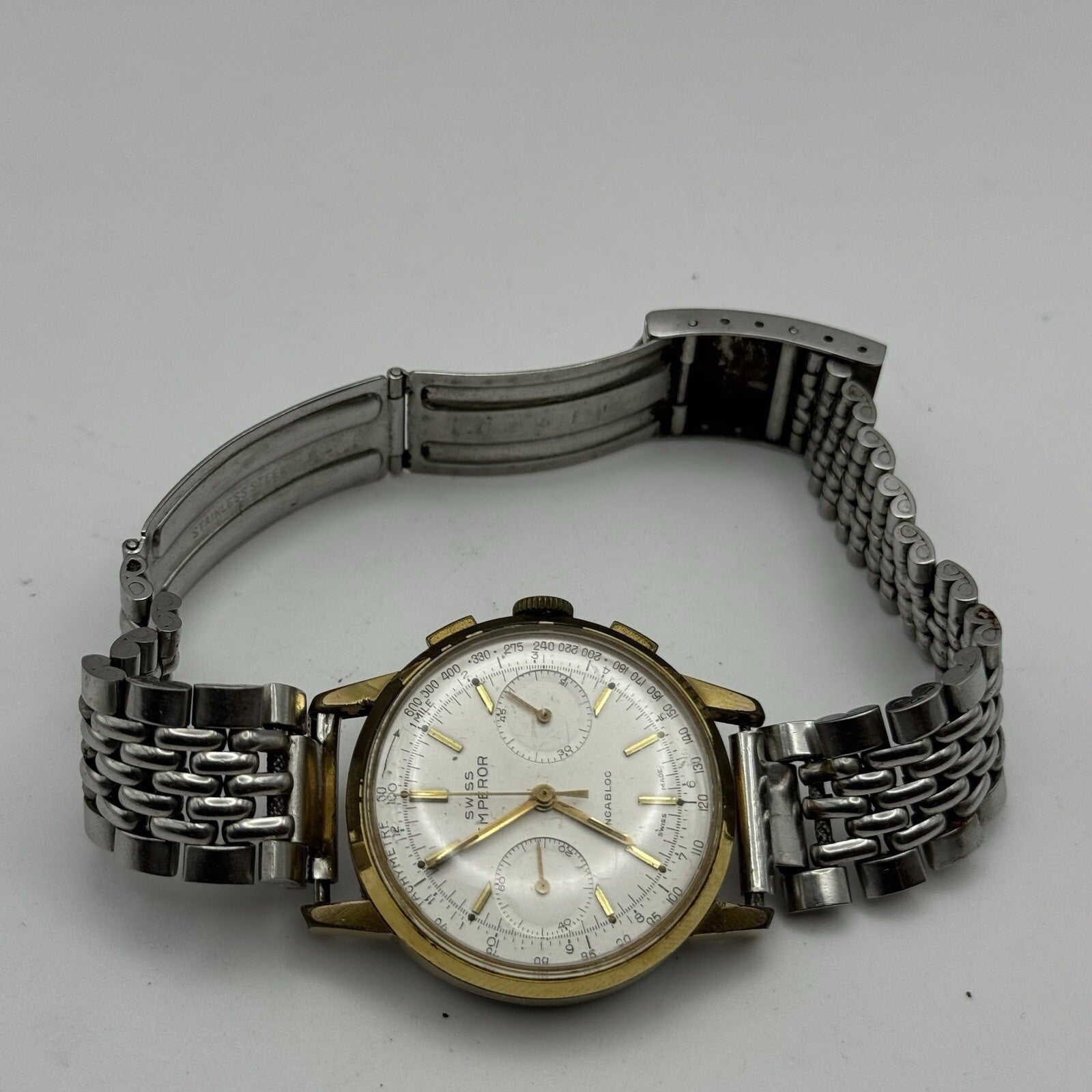 Vintage Swiss Emperor Valjoux 7730 Chronograph Watch Ollech & Wajs TO RESTORE