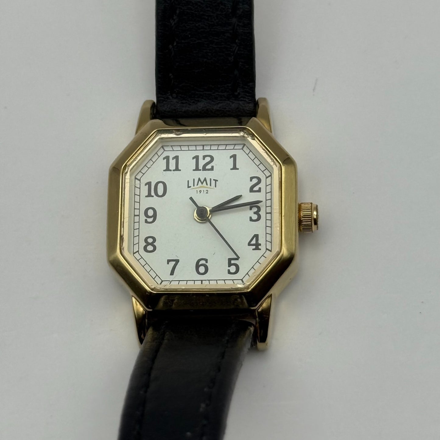 Limit 1912 Ladies Quartz Watch White Dial Black Leather Strap Working 22mm