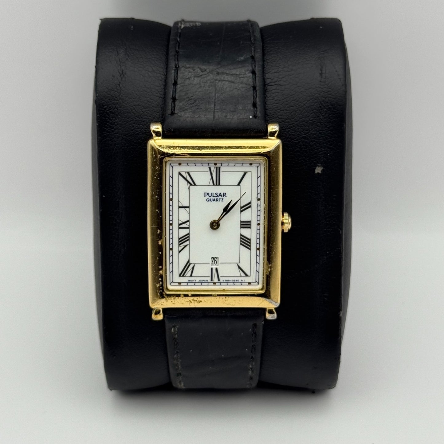 Pulsar Tank Watch Quartz Rectangular Date Dial Black Strap Japan Working 23mm