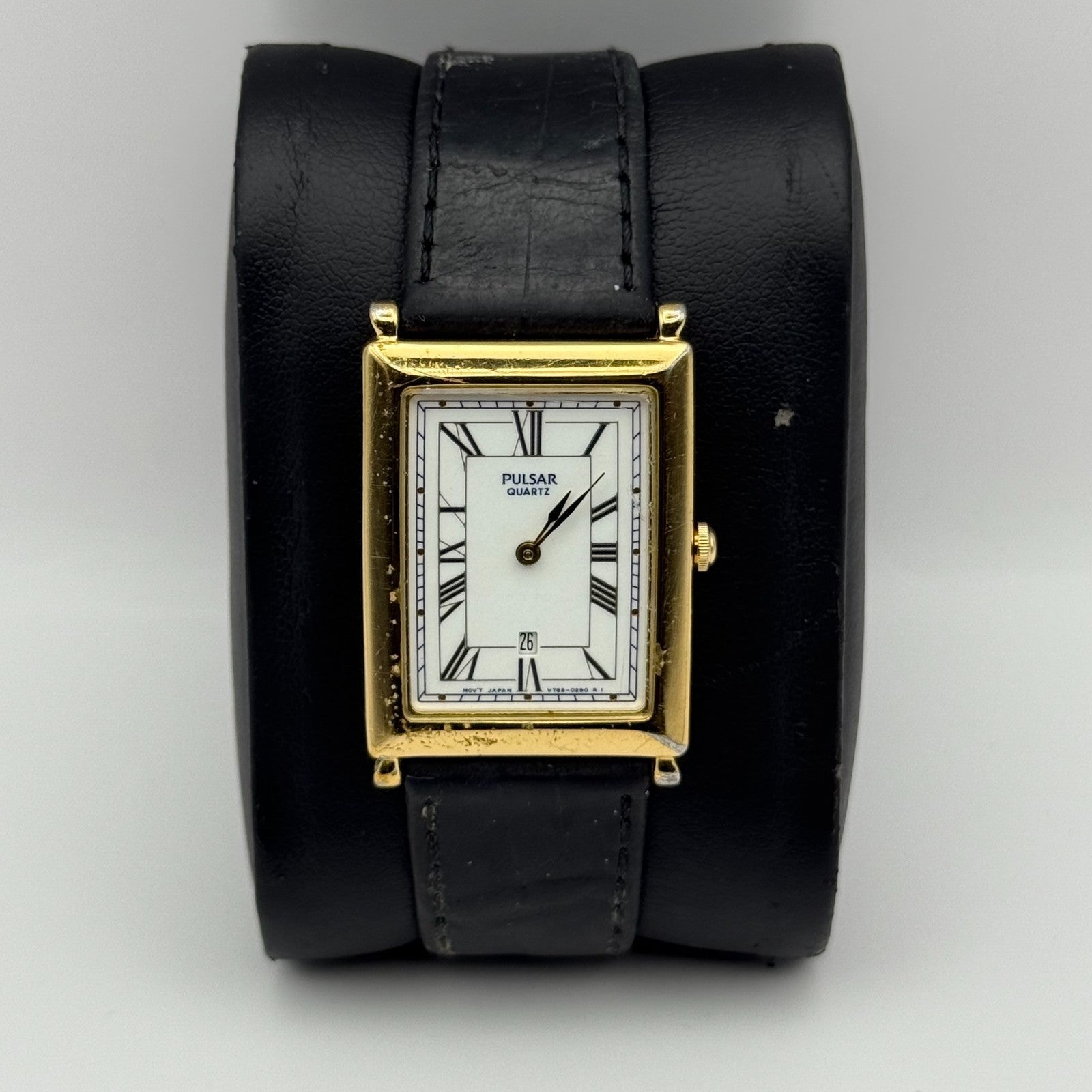 Pulsar Tank Watch Quartz Rectangular Date Dial Black Strap Japan Working 23mm