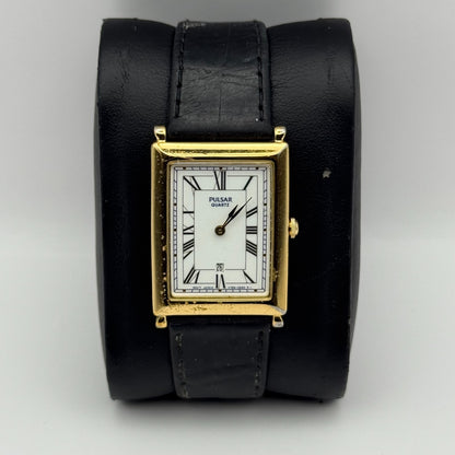 Pulsar Tank Watch Quartz Rectangular Date Dial Black Strap Japan Working 23mm