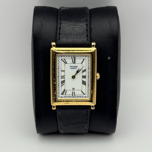 Pulsar Tank Watch Quartz Rectangular Date Dial Black Strap Japan Working 23mm