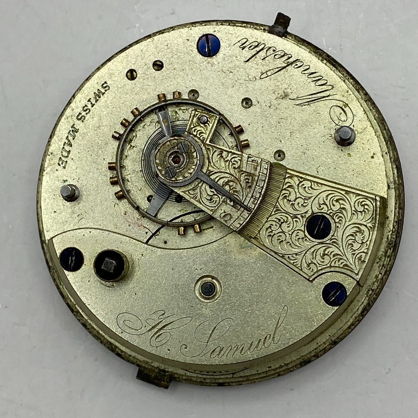 46.9mm Antique H Samuel Manchester Key Wound Swiss Pocket Watch Movement PARTS