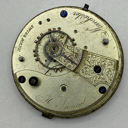 46.9mm Antique H Samuel Manchester Key Wound Swiss Pocket Watch Movement PARTS