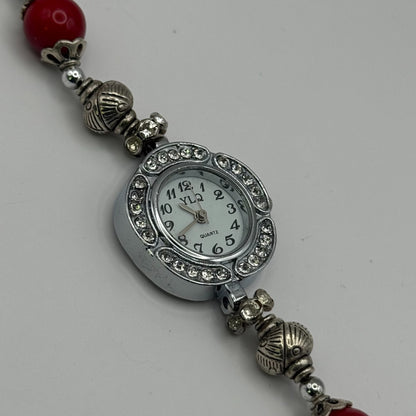 YLQ Ladies Quartz Watch Crystal Accent Case Red Beaded Bracelet Working 25mm