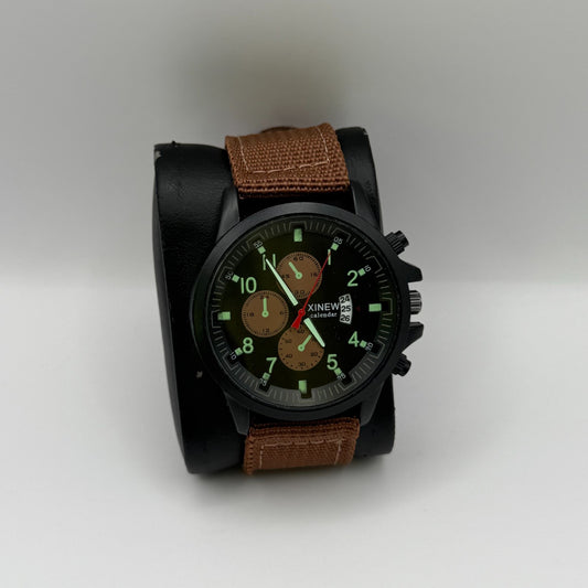 Xinew Men’s Quartz Chronograph Watch Calendar Dial Brown Strap Working 43mm