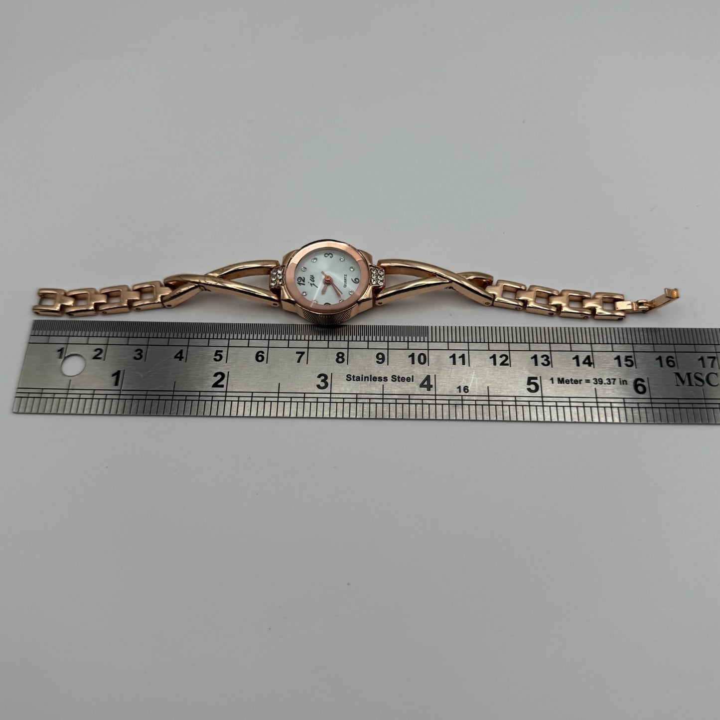 JW Ladies Quartz Watch Rose Gold Crystal Accents Working 21mm 5.25 Inches