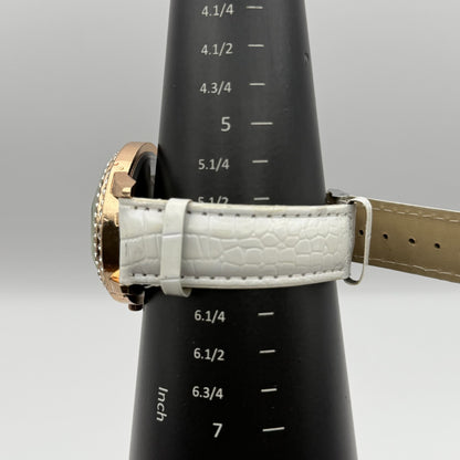 Gerryda Ladies Quartz Watch Rose Gold Crystal Accents White Strap Working 43mm