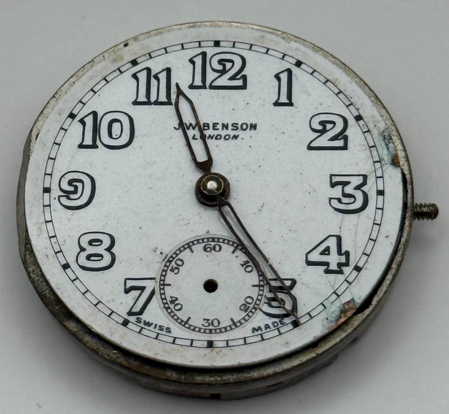J W Benson Trench 15 Jewels Watch Movement Manual Wind Vintage Parts 27.1mm