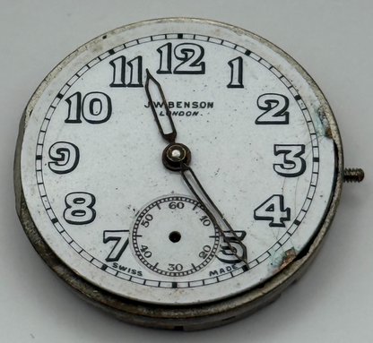J W Benson Trench 15 Jewels Watch Movement Manual Wind Vintage Parts 27.1mm