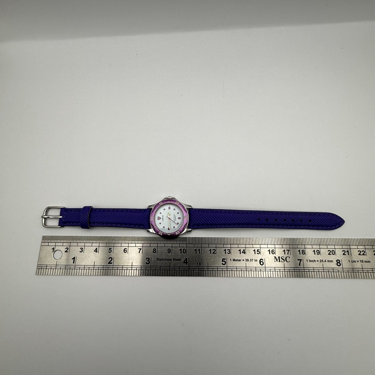Lorus Quartz Watch White Dial Purple Strap Bezel Japan Working 26mm New Battery