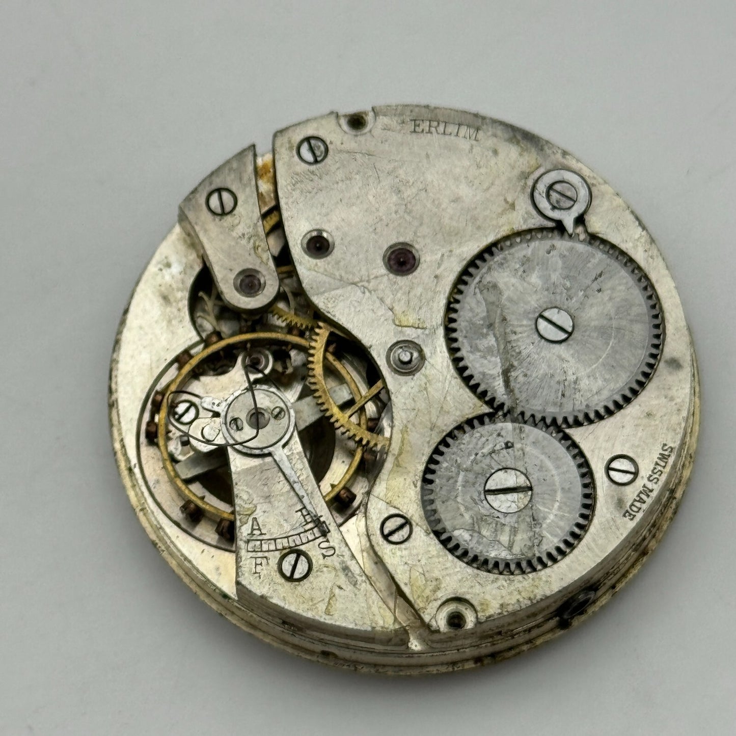 42.9mm Vintage Erlim Swiss Open Face Pocket Watch Movement PARTS REPAIR SPARES