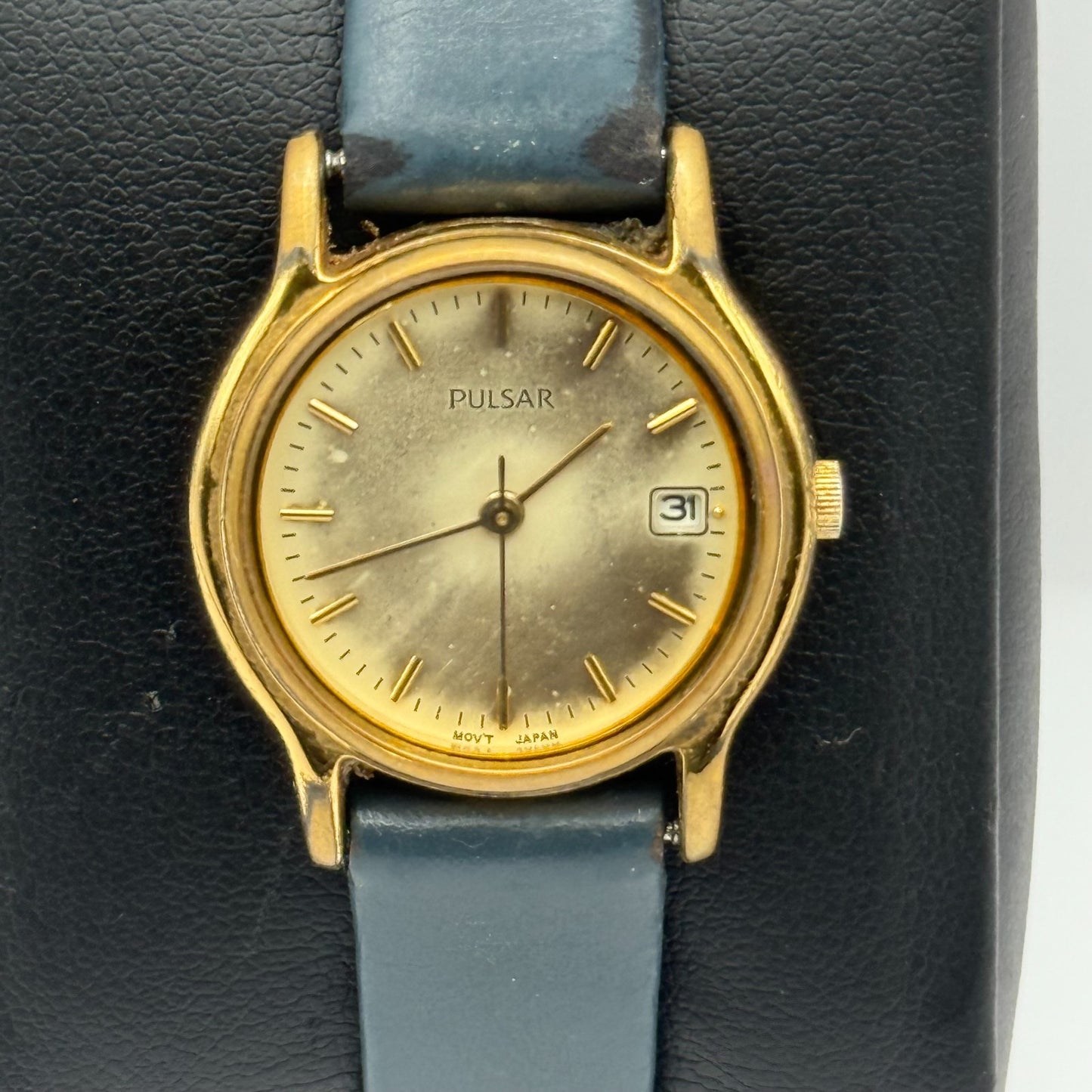 Pulsar Ladies Quartz Watch Date Dial Gold Tone Blue Leather Strap Working 24mm
