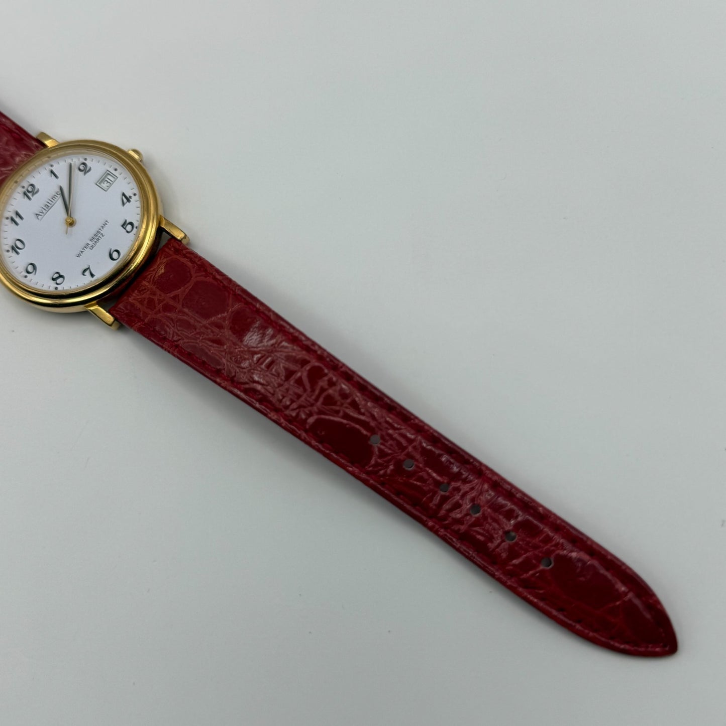 Aviatime Ladies Quartz Watch White Date Dial Red Leather Strap Working 33mm