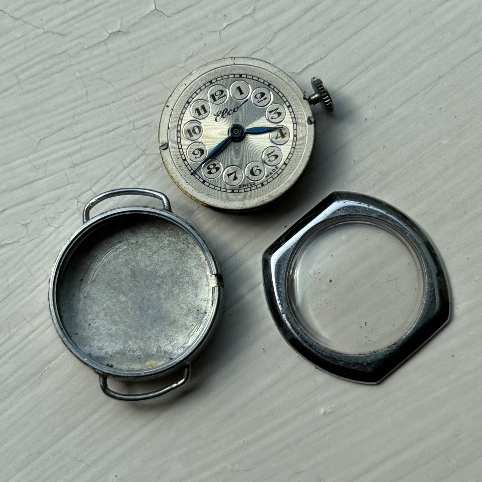 22mm Vintage Elco Bullseye Silver Ring Dial Manual Wind Watch PARTS / REPAIR