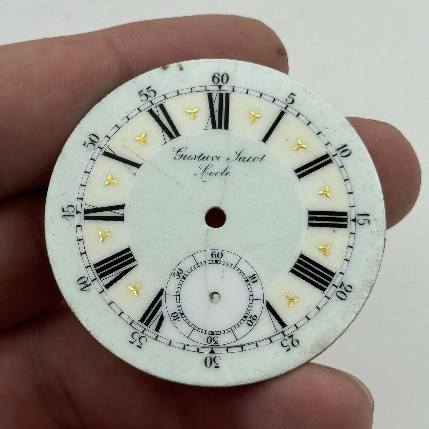 44.2mm Antique Gustave Jacot Locle Beautiful Porcelain Pocket Watch Dial Spares
