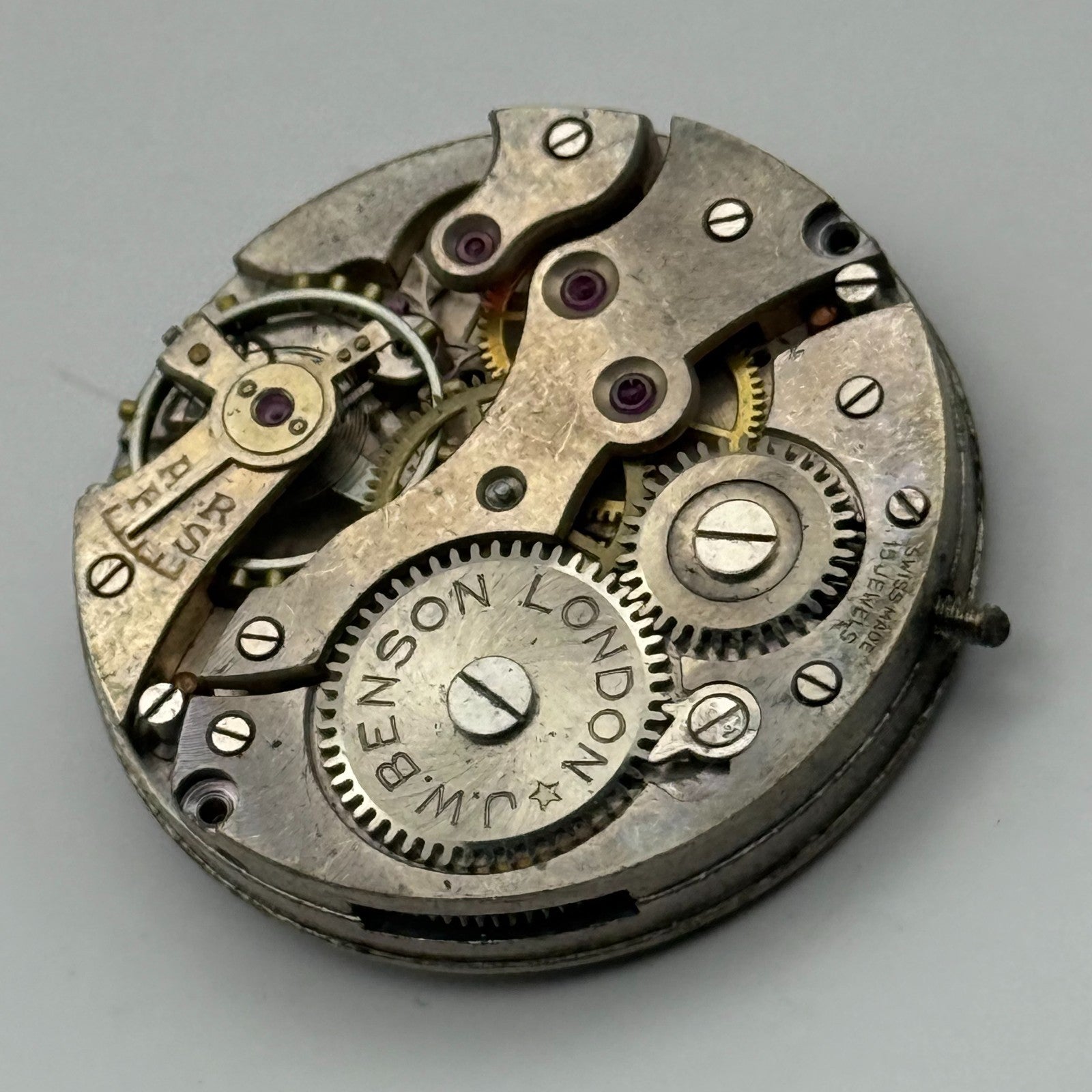 J W Benson Trench 15 Jewels Watch Movement Manual Wind Vintage Parts 27.1mm