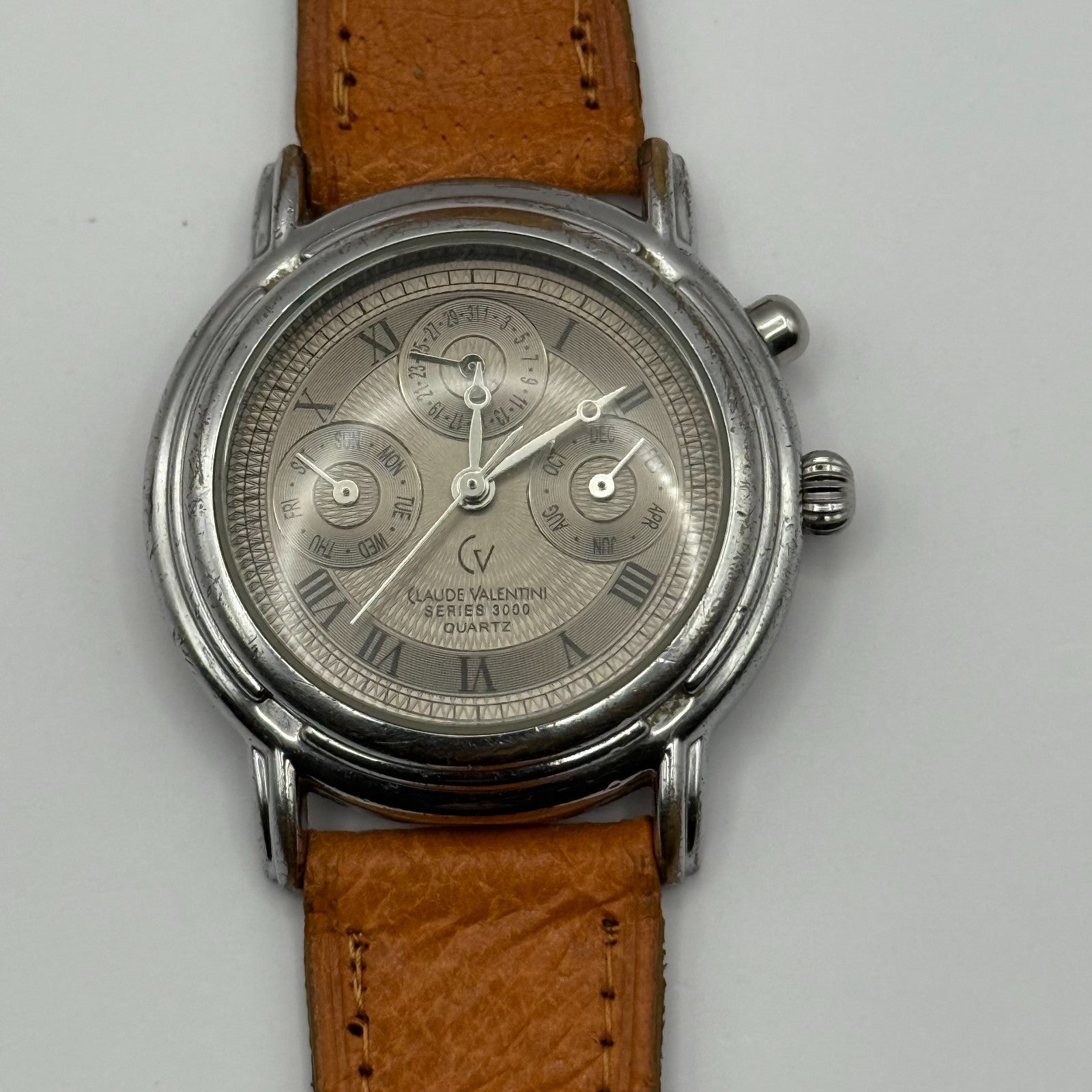 Claude Valentini Series 3000 Men's Quartz Watch Tan Leather Strap Working 36mm