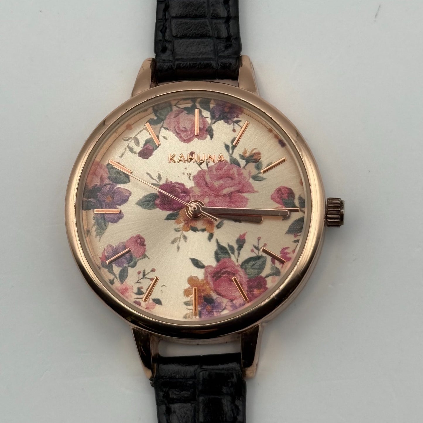 Kahuna Ladies Quartz Watch Floral Dial Black Leather Strap Working 30mm