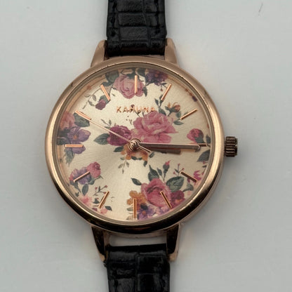 Kahuna Ladies Quartz Watch Floral Dial Black Leather Strap Working 30mm
