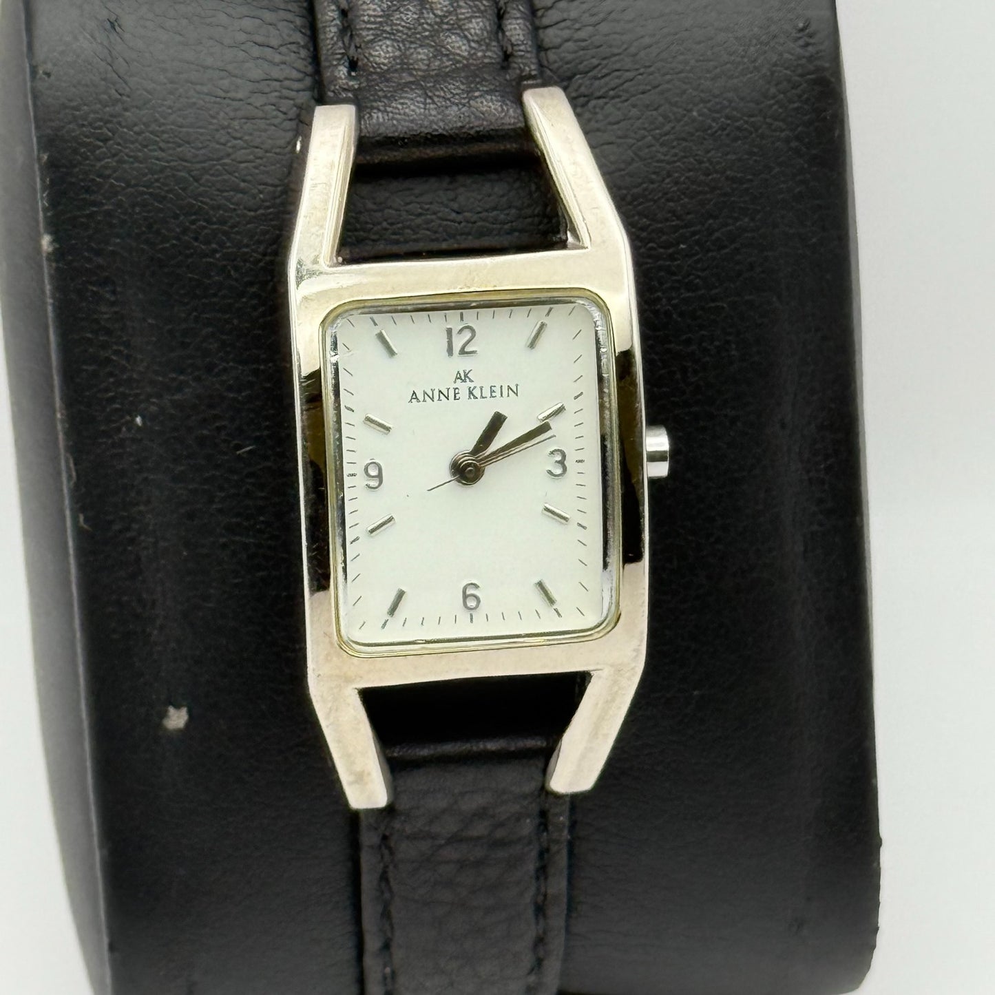 Anne Klein Ladies Quartz Watch White Dial Black Leather Strap Japan Working 18mm