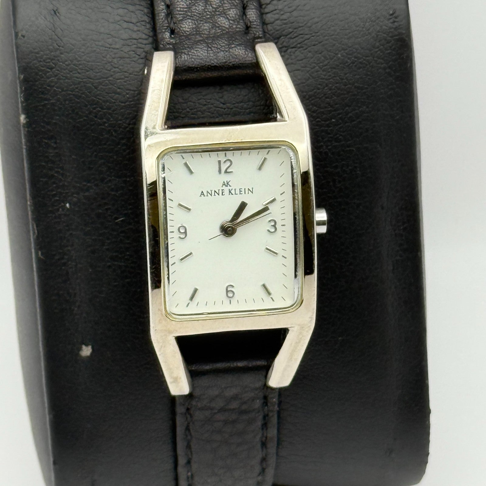 Anne Klein Ladies Quartz Watch White Dial Black Leather Strap Japan Working 18mm