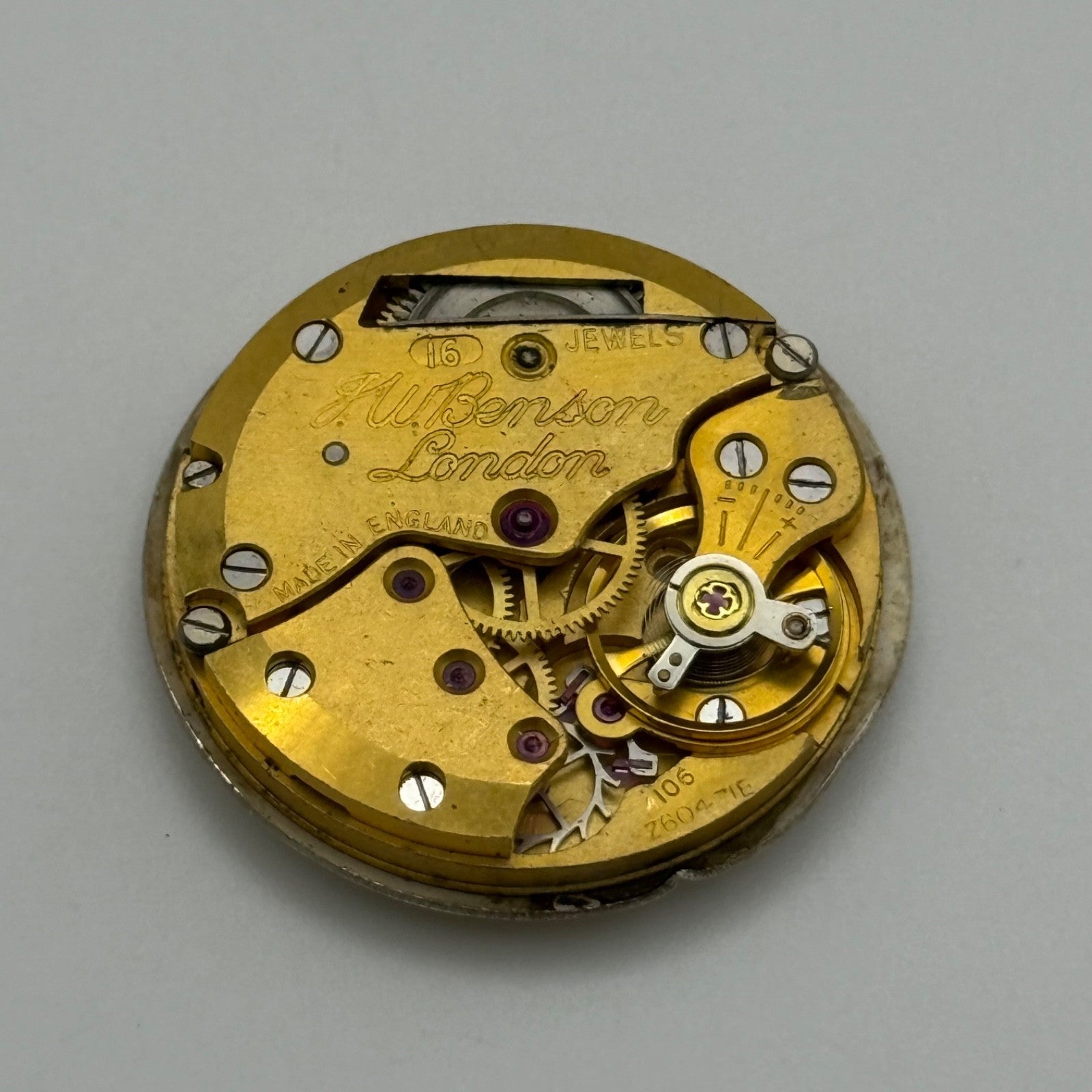J W Benson 106 Watch Movement Smiths England Manual Wind Vintage Parts 26.6mm