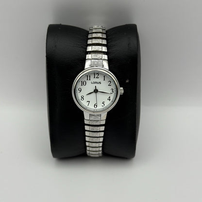 Lorus Ladies Quartz Watch White Dial Silver Tone Stretch Band Japan Working 23mm