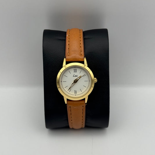 Limit Ladies Quartz Watch White Dial Gold Tone Case Brown Strap Working 25mm