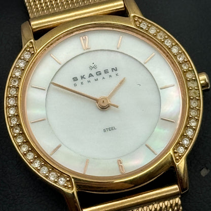 28mm Working Skagen Denmark 804SRR Steel Rose Gold Tone MOP Quartz Watch 8 Inch