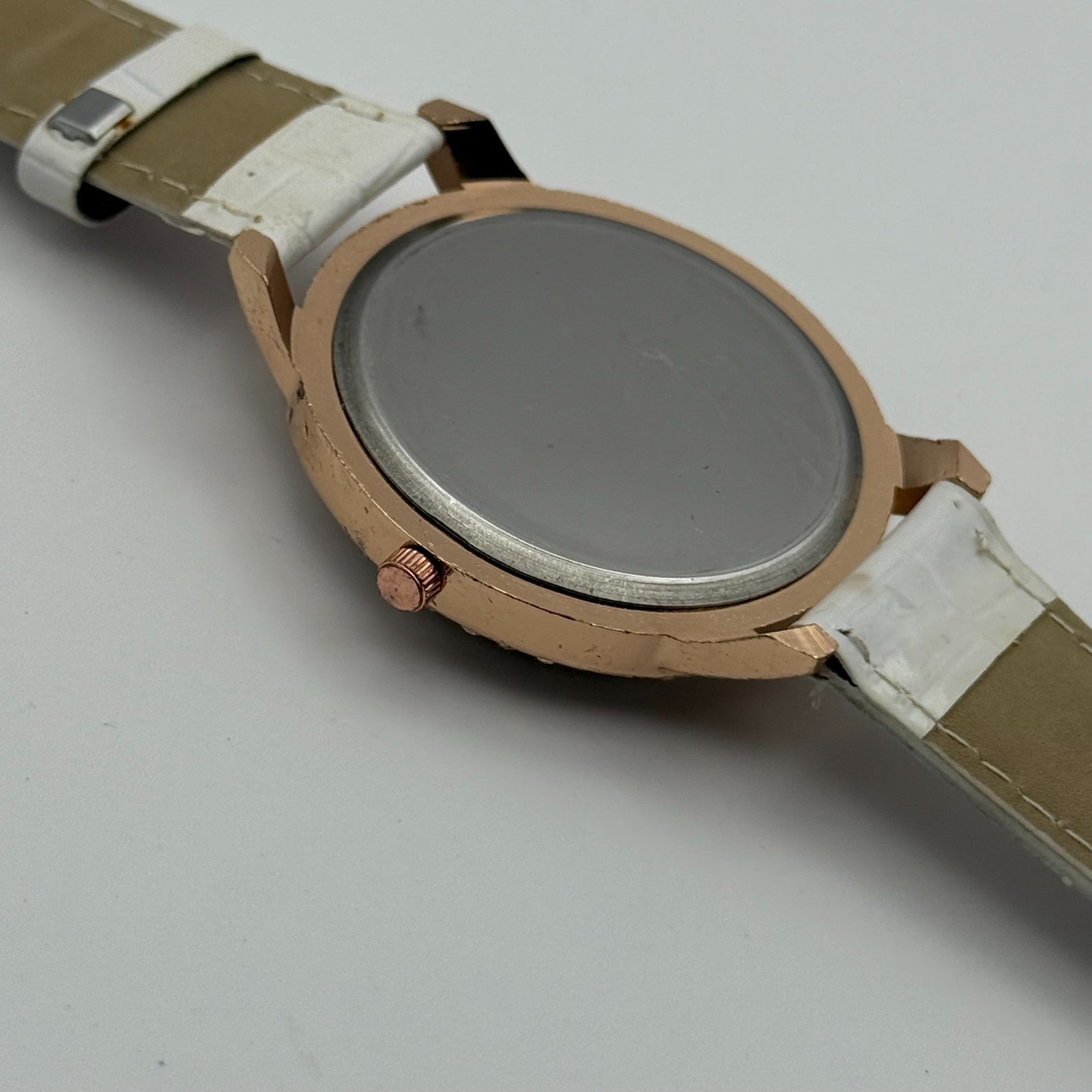 Gerryda Ladies Quartz Watch Rose Gold Crystal Accents White Strap Working 43mm