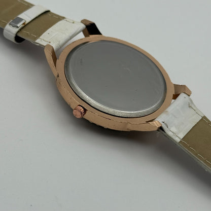 Gerryda Ladies Quartz Watch Rose Gold Crystal Accents White Strap Working 43mm