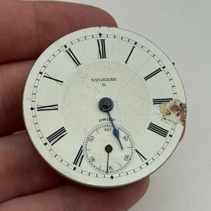 45.6mm Antique Lucerne E Swiss Key Wound Pocket Watch Movement PARTS REPAIR