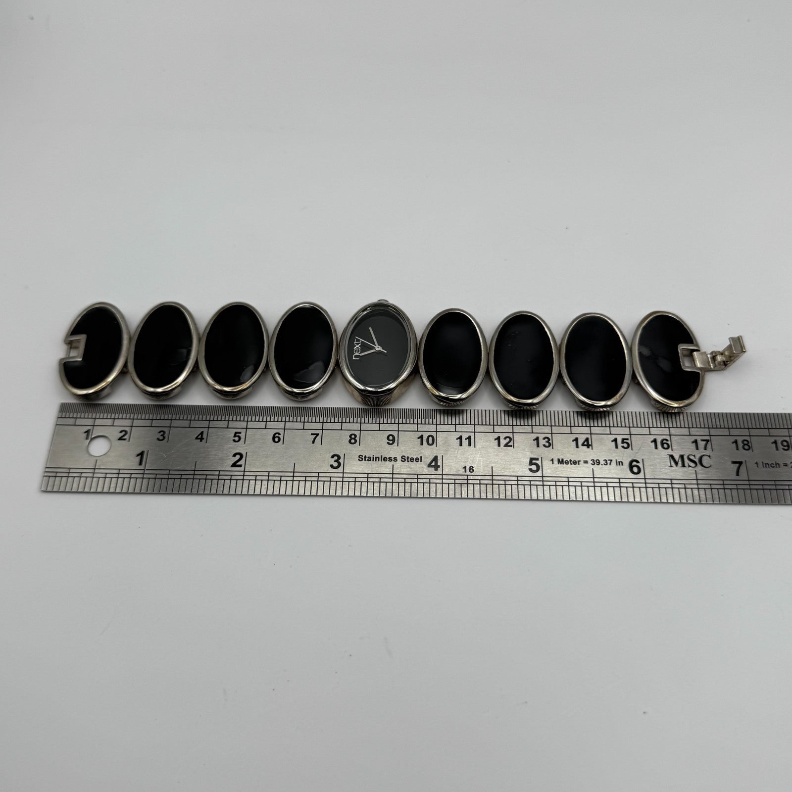 Next Ladies Quartz Watch Black Silver Tone Oval Bracelet Working 30mm 6 Inches