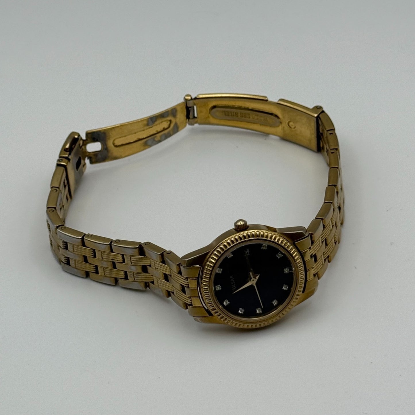 Pulsar Ladies Quartz Watch Crystal Markers Date Gold Tone Bracelet Working 25mm