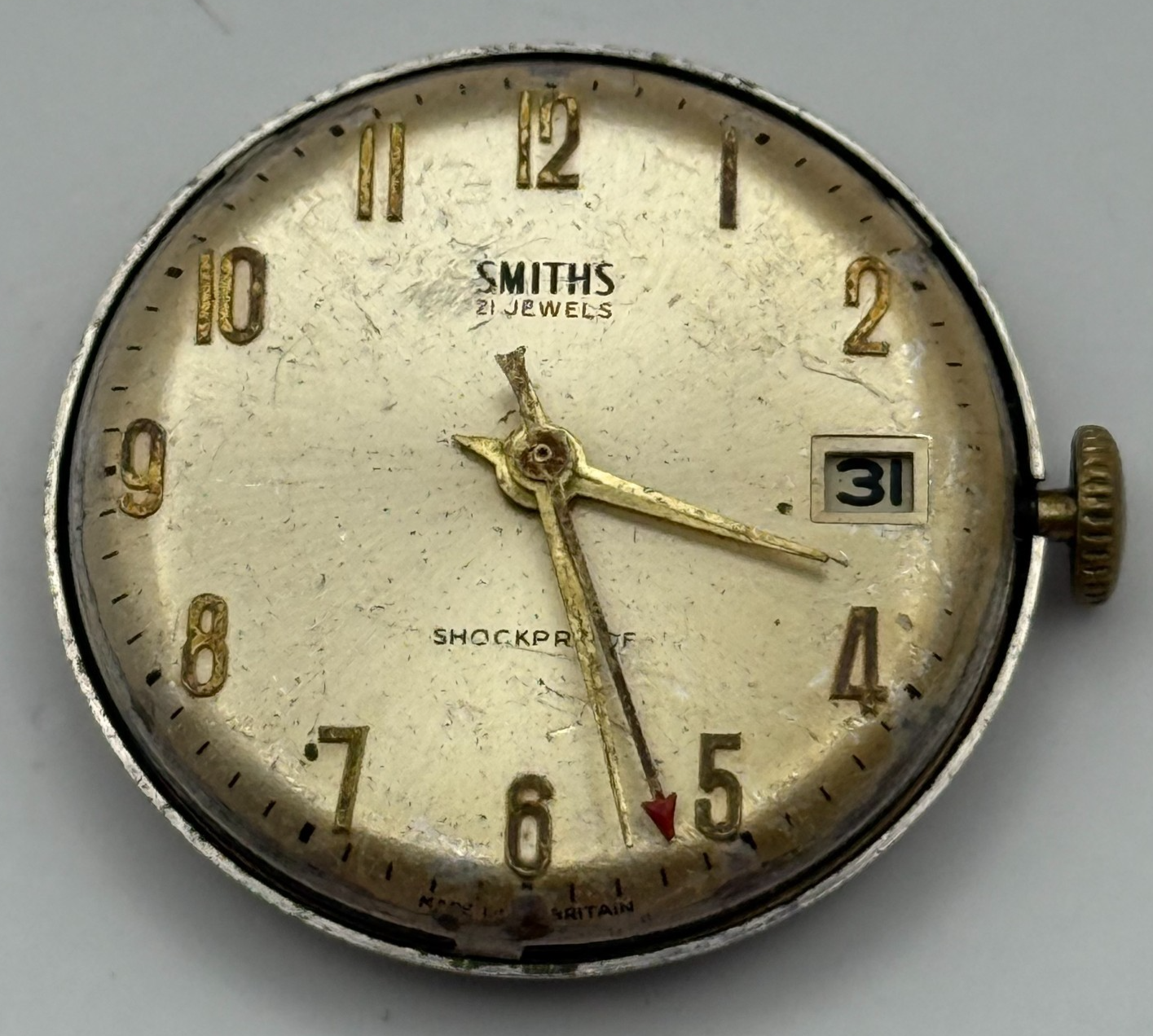 Smiths 21 Jewels Date Pointer Watch Movement Manual Wind Vintage Parts 30.4mm