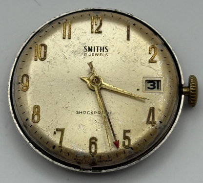 Smiths 21 Jewels Date Pointer Watch Movement Manual Wind Vintage Parts 30.4mm