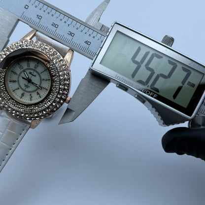 Gerryda Ladies Quartz Watch Rose Gold Crystal Accents White Strap Working 43mm
