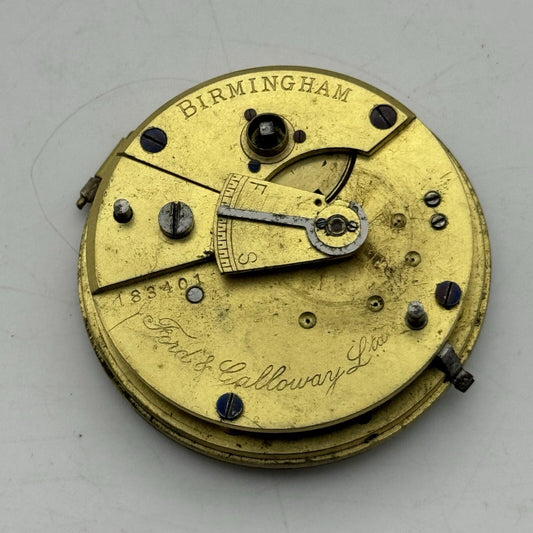43.1mm Ford & Galloway LTD Birmingham Pocket Watch Movement FOR PARTS