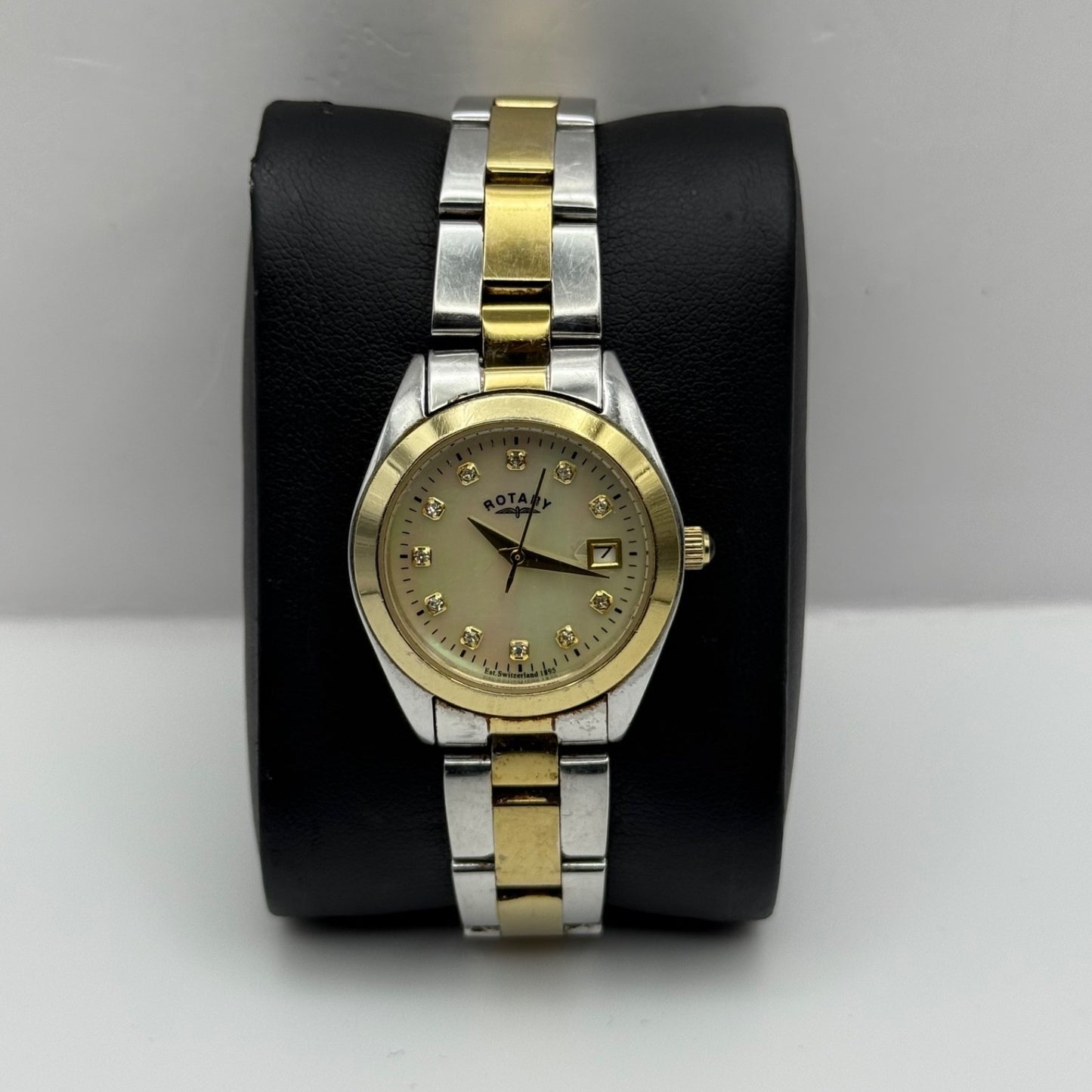 Rotary Ladies Watch Two Tone Mother Of Pearl Date Dial 27mm Working LB03499/401