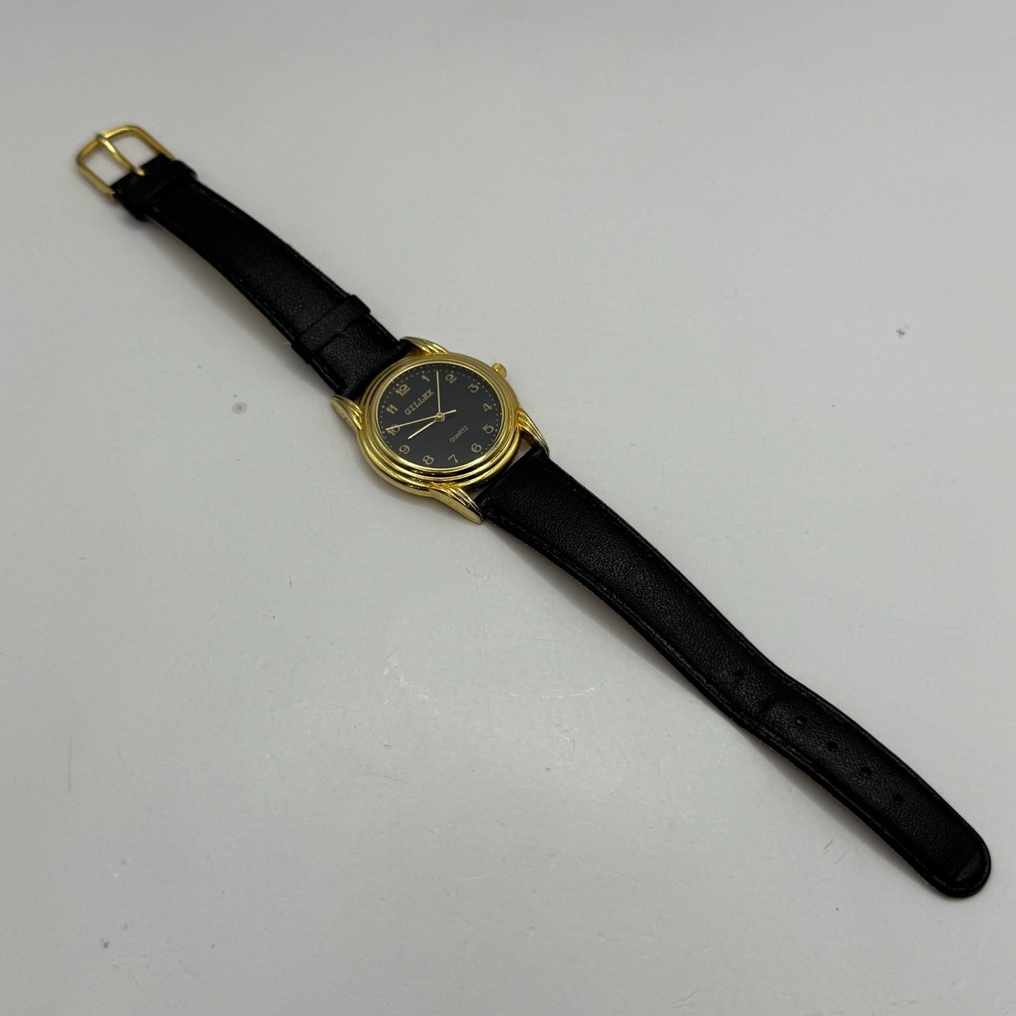 33mm Working Gillex Gold Plated Ladies Black Dial Strap Quartz Watch 6.5 Inches